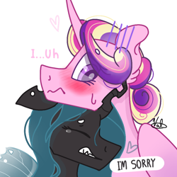 Size: 768x768 | Tagged: safe, artist:valkiria, derpibooru exclusive, imported from derpibooru, princess cadance, queen chrysalis, alicorn, changeling, changeling queen, pony, a better ending for chrysalis, apologetic, apology, blushing, cadalis, crying, crysalis, cute, cutealis, female, heart, horn, infidelity, lesbian, mare, princess cheatdance, shipping, simple background, speech bubble, talking, trepidation, wings