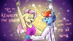 Size: 3840x2160 | Tagged: safe, artist:jellysiek, artist:jellysketch, imported from derpibooru, fluttershy, rainbow dash, anthro, crossover, dancing, female, flutterdash, lesbian, rewrite the stars, shipping, simple background, singing, smiling, the greatest showman