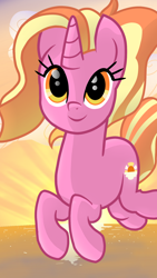 Size: 1080x1920 | Tagged: safe, artist:sallyso, imported from derpibooru, luster dawn, pony, unicorn, female, flying, mare, smiling, solo, sunset