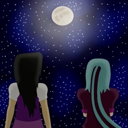 Size: 600x600 | Tagged: safe, artist:thesleeplessbeholder, imported from derpibooru, octavia melody, sonata dusk, human, game:to the moon, equestria girls, crossover, female, humanized, lesbian, moon, night, romantic, shipping, sontavia, stars