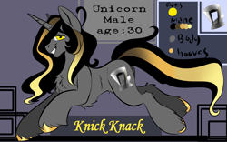 Size: 1920x1200 | Tagged: safe, artist:brainiac, derpibooru exclusive, imported from derpibooru, oc, oc only, oc:knick knack, pony, unicorn, male, reference sheet, solo, stallion