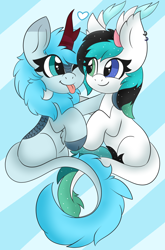 Size: 1974x2986 | Tagged: safe, artist:miss-jessiie, artist:pegamutt, imported from derpibooru, oc, oc:frost flare, oc:vixenin, kirin, :p, cloven hooves, cuddling, cute, heart, hoof fluff, horn, kirin oc, looking at each other, multiple horns, one eye closed, simple background, tongue out