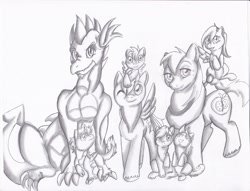 Size: 3340x2552 | Tagged: safe, artist:tristanjsolarez, imported from derpibooru, big macintosh, rainbow dash, spike, oc, oc:abba apple, oc:big red, oc:dabba apple, oc:fire heart, oc:zapp apple, dracony, dragon, earth pony, hybrid, pegasus, pony, adult, adult spike, colt, female, filly, grayscale, interspecies offspring, male, monochrome, offspring, older, older spike, parent:applejack, parent:big macintosh, parent:fluttershy, parent:rainbow dash, parent:rarity, parent:spike, parents:appledash, parents:fluttermac, parents:sparity, simple background, sketch, stallion, trans male, trans stallion, white background