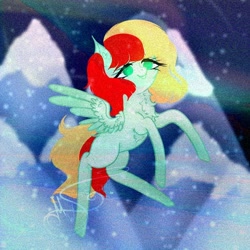 Size: 800x800 | Tagged: safe, artist:nel_liddell, imported from derpibooru, oc, oc only, pegasus, pony, aurora borealis, chest fluff, eyelashes, flying, mountain, night, outdoors, pegasus oc, signature, snow, solo, wings