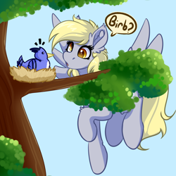 Size: 4000x4000 | Tagged: safe, artist:witchtaunter, imported from derpibooru, derpy hooves, bird, pegasus, pony, absurd resolution, background pony, birb, dialogue, ear fluff, female, flying, mare, nest, open mouth, solo, tree, tree branch