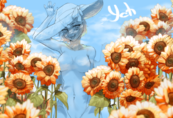 Size: 2280x1560 | Tagged: safe, artist:mashiro, imported from derpibooru, oc, oc only, anthro, commission, flower, solo, sunflower, your character here