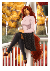 Size: 2865x4051 | Tagged: safe, artist:blackblood-queen, imported from derpibooru, oc, oc only, oc:honeypot meadow, anthro, earth pony, unguligrade anthro, anthro oc, autumn, beauty mark, blouse, clothes, coffee, commission, crossed legs, digital art, earth pony oc, female, food, high heels, hoof boots, hoof shoes, jewelry, mare, porch, ring, sitting, smiling, solo, sweater, tree, wedding ring, whipped cream