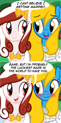 Size: 556x1112 | Tagged: safe, artist:marytheechidna, imported from derpibooru, oc, oc:internet explorer, oc:opera, earth pony, pony, ask internet explorer, browser ponies, clothes, dress, everything went better than expected, female, good end, internet explorer, love, mare, marriage, wedding, wedding dress