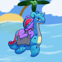 Size: 1200x1200 | Tagged: safe, artist:backgroundpony#f352, imported from derpibooru, oc, oc only, lapras, pony, unicorn, + artist:backgroundpony#f352, cute, eyes closed, island, ocean, palm tree, pokémon, sleeping, tree