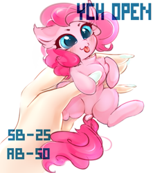 Size: 671x718 | Tagged: safe, artist:haokan, imported from derpibooru, pinkie pie, earth pony, human, pony, :3, :p, blushing, cute, diapinkes, dock, ear fluff, female, hand, holding a pony, in goliath's palm, micro, offscreen character, offscreen human, solo, tongue out, ych example, ych sketch, your character here