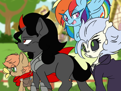 Size: 2048x1536 | Tagged: safe, artist:larrykitty, artist:php156, imported from derpibooru, king sombra, rainbow dash, skellinore, oc, oc:himmel, butterfly, the break up breakdown, armor, bag, clothes, curved horn, horn, robe, saddle bag, scarf