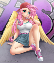 Size: 1000x1162 | Tagged: safe, alternate version, artist:racoonsan, imported from derpibooru, fluttershy, human, pegasus, 90s grunge fluttershy, anime, backwards ballcap, baseball cap, big breasts, breasts, busty fluttershy, cap, clothes, converse, cute, female, gameloft, gameloft interpretation, graffiti, hat, humanized, lips, makeup, pixiv, schrödinger's pantsu, shoes, shyabetes, skirt, solo, winged humanization, wings