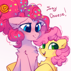 Size: 1700x1700 | Tagged: safe, artist:mirtash, imported from derpibooru, li'l cheese, pinkie pie, earth pony, pony, the last problem, blushing, colt, cute, diapinkes, duo, duo female, female, filly, freckles, heart eyes, li'l cuteese, male, mare, mother and child, mother and son, older, older pinkie pie, open mouth, smiling, wingding eyes