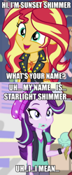 Size: 525x1272 | Tagged: safe, imported from derpibooru, screencap, starlight glimmer, sunset shimmer, dance magic, equestria girls, equestria girls series, mirror magic, rollercoaster of friendship, spoiler:eqg specials, caption, female, food, geode of empathy, ice cream, image macro, lesbian, magical geodes, shimmerglimmer, shipping, text