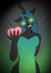 Size: 595x842 | Tagged: safe, artist:afhybrid, imported from derpibooru, queen chrysalis, anthro, changeling, changeling queen, breasts, busty queen chrysalis, clothes, creepy, dress, fangs, female, glowing eyes, heart, looking at you, simple background, smiling