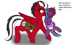 Size: 1280x772 | Tagged: safe, artist:lynnthenerdkitty, imported from derpibooru, oc, oc only, oc:charming dazz, oc:shatter misty cloud, pegasus, pony, unicorn, age regression, bag, diaper, eyes closed, mouth hold, open mouth, ponified, saddle bag, scruff, shatter, shatter (transformers), simple background, transformers, transparent background, whining