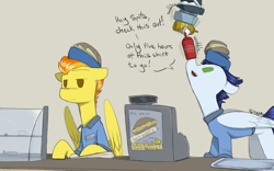 Size: 1600x1000 | Tagged: safe, artist:sinrar, imported from derpibooru, soarin', spitfire, pegasus, pony, balancing, cash register, cashier, clothes, dialogue, duo, fast food, female, food, hat, ketchup, male, mare, mustard, ponies balancing stuff on their nose, restaurant, sauce, shirt, spitfire is not amused, stallion, this will end in janitor duty, unamused, uniform