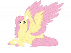 Size: 2000x1510 | Tagged: safe, artist:omegapengwen, imported from derpibooru, fluttershy, pegasus, pony, colored hooves, colored wings, colored wingtips, cute, cute little fangs, fangs, female, lying down, mare, prone, redesign, simple background, smiling, solo, unshorn fetlocks, white background