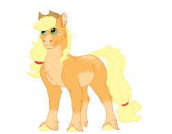 Size: 2000x1559 | Tagged: safe, artist:omegapengwen, imported from derpibooru, applejack, earth pony, pony, applejack's hat, coat markings, colored hooves, cowboy hat, dappled, female, hat, mare, redesign, simple background, smiling, socks (coat marking), socks (coat markings), solo, unshorn fetlocks, white background