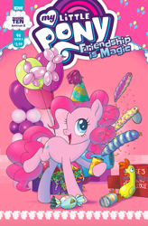 Size: 487x741 | Tagged: safe, artist:pencils, idw, imported from derpibooru, boneless, pinkie pie, earth pony, pony, spoiler:comic94, balloon, comic, cover, female, graveyard of comments, hat, mare, party hat, pinkie being pinkie, rubber chicken, season 10