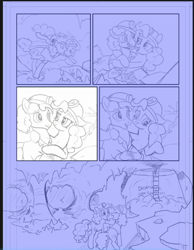 Size: 870x1120 | Tagged: safe, artist:pencils, idw, imported from derpibooru, cheese sandwich, pinkie pie, earth pony, pony, spoiler:comic, spoiler:comic94, blushing, butt, cave, comic, female, male, mare, plot, season 10, sketch, stallion