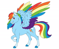 Size: 2100x1750 | Tagged: safe, artist:omegapengwen, imported from derpibooru, rainbow dash, pegasus, pony, coat markings, colored hooves, colored wings, colored wingtips, facial markings, female, grin, mare, multicolored wings, redesign, simple background, smiling, smirk, socks (coat marking), socks (coat markings), solo, spread wings, star (coat marking), white background, wings