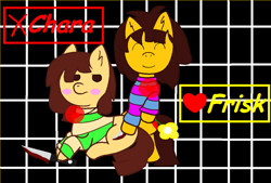 Size: 1094x740 | Tagged: safe, artist:buttercupbella5182, imported from derpibooru, earth pony, pony, chara, clothes, duo, frisk, heart, knife, lying down, male, ponified, prone, smiling, stallion, undertale