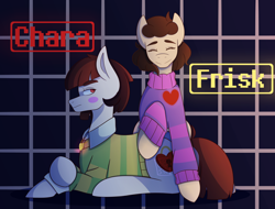 Size: 2900x2200 | Tagged: safe, artist:buttercupbella5182, imported from derpibooru, earth pony, pony, chara, clothes, duo, frisk, heart, lying down, male, ponified, prone, smiling, stallion, undertale