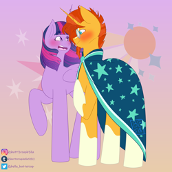 Size: 3000x3000 | Tagged: safe, artist:buttercupbella5182, imported from derpibooru, sunburst, twilight sparkle, alicorn, pony, unicorn, beard, blushing, cape, clothes, coat markings, cutie mark background, facial hair, female, glasses, male, mare, open mouth, raised hoof, shipping, socks (coat marking), socks (coat markings), stallion, straight, twiburst, twilight sparkle (alicorn)