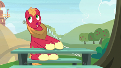 Size: 1920x1080 | Tagged: safe, imported from derpibooru, screencap, big macintosh, pony, the big mac question, bench, male, open mouth, solo, stallion