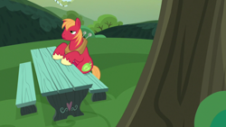 Size: 1920x1080 | Tagged: safe, imported from derpibooru, screencap, big macintosh, pony, the big mac question, alone, bench, male, solo