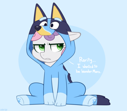 Size: 1600x1400 | Tagged: safe, artist:higgly-chan, imported from derpibooru, sweetie belle, dog, pony, unicorn, blue background, bluey, bluey heeler, clothes, cosplay, costume, crossover, cute, diasweetes, dog costume, female, filly, footed sleeper, footie pajamas, kigurumi, onesie, pajamas, simple background, sitting, solo, sweetie belle is not amused, unamused