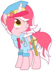 Size: 1895x2506 | Tagged: safe, artist:lazuli, artist:mint-light, artist:rukemon, imported from derpibooru, oc, oc only, oc:officer sweet strawberry, pony, unicorn, badge, base used, baton, clothes, commission, cuffs, ear piercing, earring, eyeshadow, female, food, freckles, hat, jewelry, makeup, mare, marking, markings, necktie, piercing, police, police hat, police officer, police uniform, sbelt, shirt, simple background, solo, strawberry, tonfa, transparent background