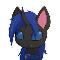 Size: 2000x2000 | Tagged: safe, artist:keupoz, imported from derpibooru, oc, oc only, oc:swift dawn, changeling, pony, blue changeling, bust, changeling oc, collar, commission, fangs, looking at you, male, pet, portrait, signature, simple background, smiling, smiling at you, transparent background