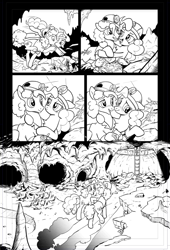 Size: 626x918 | Tagged: safe, artist:pencils, idw, imported from derpibooru, cheese sandwich, pinkie pie, earth pony, pony, spoiler:comic, spoiler:comic94, blushing, butt, cave, cheesepie, female, male, mare, monochrome, plot, season 10, shipping, stallion, straight