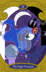 Size: 900x1400 | Tagged: safe, artist:sixes&sevens, imported from derpibooru, princess luna, crescent moon, crystal ball, food, moon, pomegranate, tarot card, the high priestess, veil