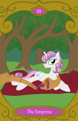 Size: 900x1400 | Tagged: safe, artist:sixes&sevens, imported from derpibooru, sweetie belle, alternate cutie mark, cornucopia, food, forest background, fruit, older, older sweetie belle, pillow, tarot card, the empress, wheat