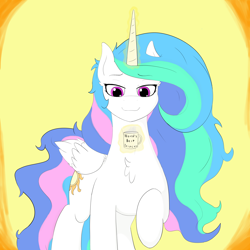 Size: 3000x3000 | Tagged: safe, artist:astrum, imported from derpibooru, princess celestia, alicorn, pony, bags under eyes, bed hair, chest fluff, coffee mug, digital art, female, flowing mane, flowing tail, folded wings, glowing horn, horn, levitation, magic, mare, messy mane, missing accessory, morning ponies, mug, raised hoof, simple background, smiling, solo, steam, telekinesis, wings