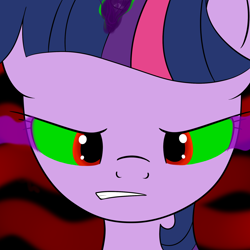 Size: 2000x2000 | Tagged: safe, artist:kimyka, imported from derpibooru, twilight sparkle, pony, black magic, corrupted, corrupted twilight sparkle, dark magic, dark twilight, dark twilight sparkle, darklight, darklight sparkle, female, glowing horn, horn, magic, possessed, red background, simple background, solo, sombra eyes, twilight is anakin