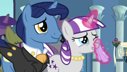 Size: 1280x720 | Tagged: safe, imported from derpibooru, screencap, night light, twilight velvet, pony, unicorn, a canterlot wedding, ascot, ascot tie, clothes, crying, cute, daaaaaaaaaaaw, female, grin, handkerchief, hnnng, jewelry, liquid pride, magic, magic aura, male, mare, necklace, puppy dog eyes, smiling, stallion, suit, sweet dreams fuel, tears of joy, tuxedo, velvetbetes