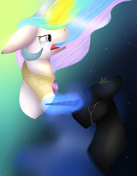 Size: 600x768 | Tagged: safe, artist:midnight-rose-2002, imported from derpibooru, nightmare moon, princess celestia, alicorn, pony, crying, duo, ethereal mane, female, glowing horn, horn, mare, siblings, signature, sisters