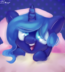 Size: 1080x1200 | Tagged: safe, artist:citrus-flamingo, imported from derpibooru, princess luna, alicorn, pony, blanket, cute, female, filly, lunabetes, signature, smiling, solo, woona, younger