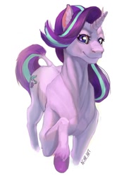 Size: 837x1125 | Tagged: safe, alternate version, artist:niar.art, imported from derpibooru, starlight glimmer, pony, unicorn, colored hooves, female, leonine tail, mare, raised hoof, signature, simple background, smiling, white background