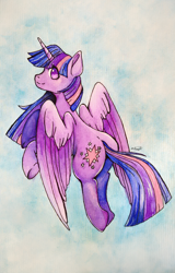 Size: 1836x2865 | Tagged: safe, artist:sailesnake, imported from derpibooru, twilight sparkle, alicorn, pony, female, flying, looking at you, looking back, looking back at you, mare, signature, smiling, solo, traditional art, twilight sparkle (alicorn), watercolor painting