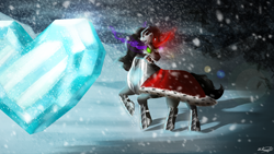 Size: 1280x720 | Tagged: safe, artist:sailesnake, imported from derpibooru, king sombra, pony, umbrum, unicorn, armor, blizzard, cape, clothes, crystal heart, glowing eyes, glowing horn, horn, male, sharp teeth, signature, snow, snowfall, solo, sombra eyes, stallion, teeth, turning away