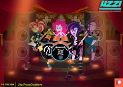 Size: 1280x907 | Tagged: safe, alternate version, artist:uzzi-ponydubberx, imported from derpibooru, pinkie pie, starlight glimmer, sunset shimmer, twilight sparkle, human, equestria girls, rainbow rocks, alternate design, alternate hairstyle, alternate universe, bass guitar, battery, bra, clothes, converse, dress, electric guitar, female, group, guitar, hair, hairstyle, heavy metal, humanized, jeans, jewelry, looking at you, metal, metallica, metalshy, microphone, microphone stand, musical instrument, new hairstyle, open mouth, pants, patreon, patreon logo, punklight sparkle, quartet, ripped pants, rock, rock (music), scene interpretation, shoes, short shirt, shrunken pupils, simple background, singing, sleeveless, smiling, sneakers, socks, sunset shredder, tanktop, tongue out, trace, underwear