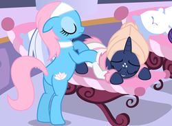 Size: 1722x1263 | Tagged: safe, artist:estories, imported from derpibooru, lotus blossom, oc, oc:silverlay, original species, comic:seeds of darkness, bathrobe, clothes, comic, cropped, day spa, massage, massage table, robe, spa, towel on head, umbra pony