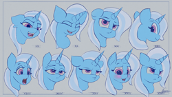 Size: 4038x2271 | Tagged: safe, artist:auroriia, imported from derpibooru, trixie, pony, unicorn, blushing, bust, expressions, eyes closed, female, floppy ears, frown, lidded eyes, looking at you, looking back, looking back at you, mare, open mouth, pouting, smiling, solo