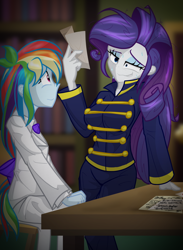 Size: 2200x3000 | Tagged: safe, artist:geraritydevillefort, imported from derpibooru, rainbow dash, rarity, the count of monte rainbow, equestria girls, clothes, female, rainbow dantes, rarifort, sweat, the count of monte cristo, villefort