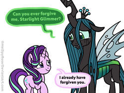 Size: 2048x1536 | Tagged: safe, artist:melspyrose, imported from derpibooru, queen chrysalis, starlight glimmer, changeling, changeling queen, pony, unicorn, a better ending for chrysalis, character development, crown, crying, cute, cutealis, dialogue, duo, female, forgiveness, glimmerbetes, jewelry, looking at each other, mare, reformed, regalia, simple background, smiling, speech bubble, white background